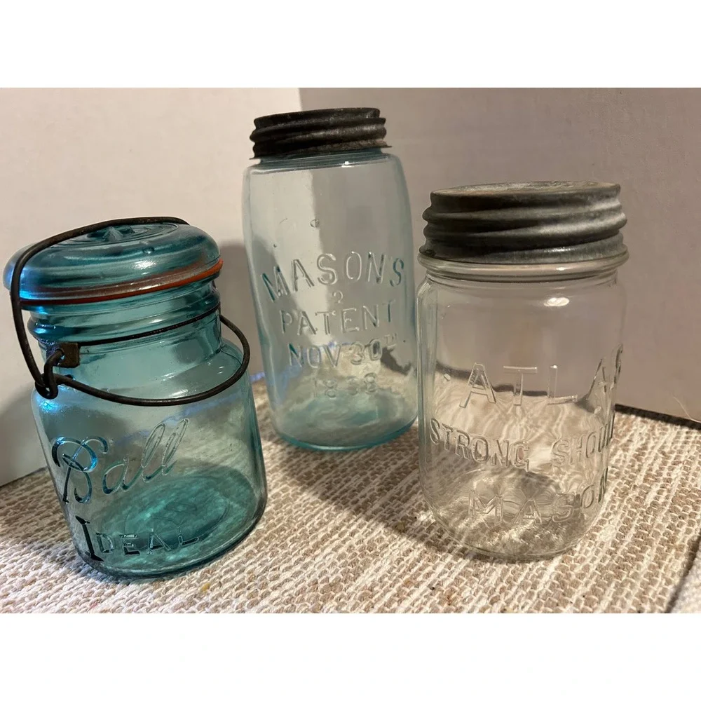 Vintage Ball Ideal Atlas Strong Shoulder Mason Patent 1858 Glass Jars Set of 3